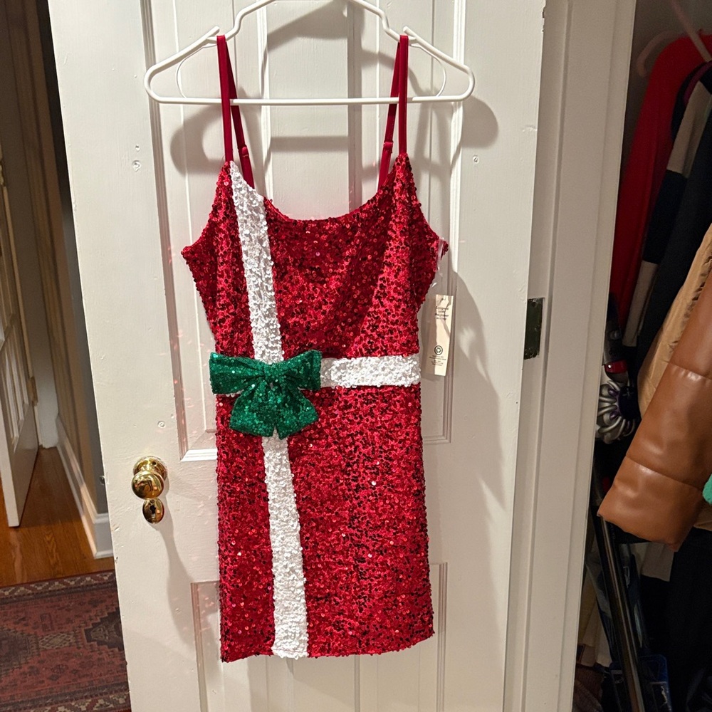 Festive Red Sequin Dress with Green Bow